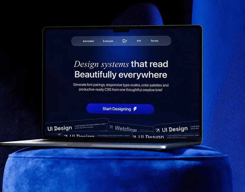Dark landing page for an AI typography and design system tool, shown on a laptop