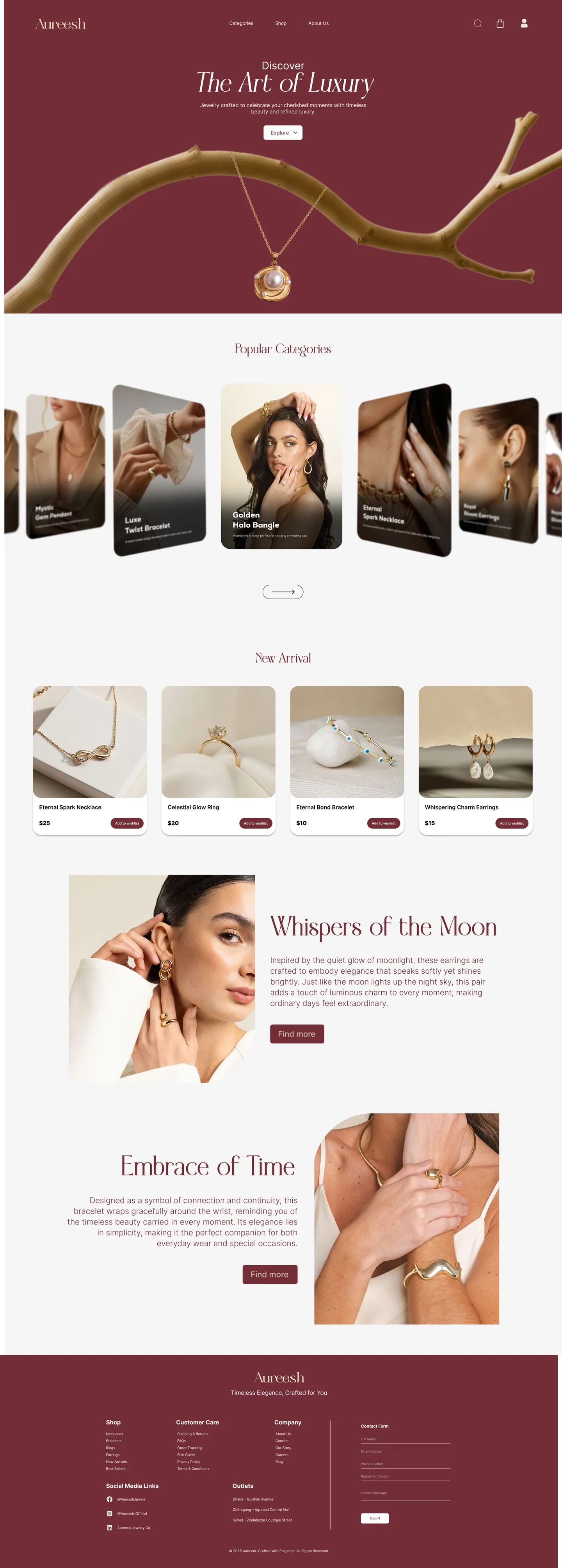 Aureesh luxury jewelry website home page, full length