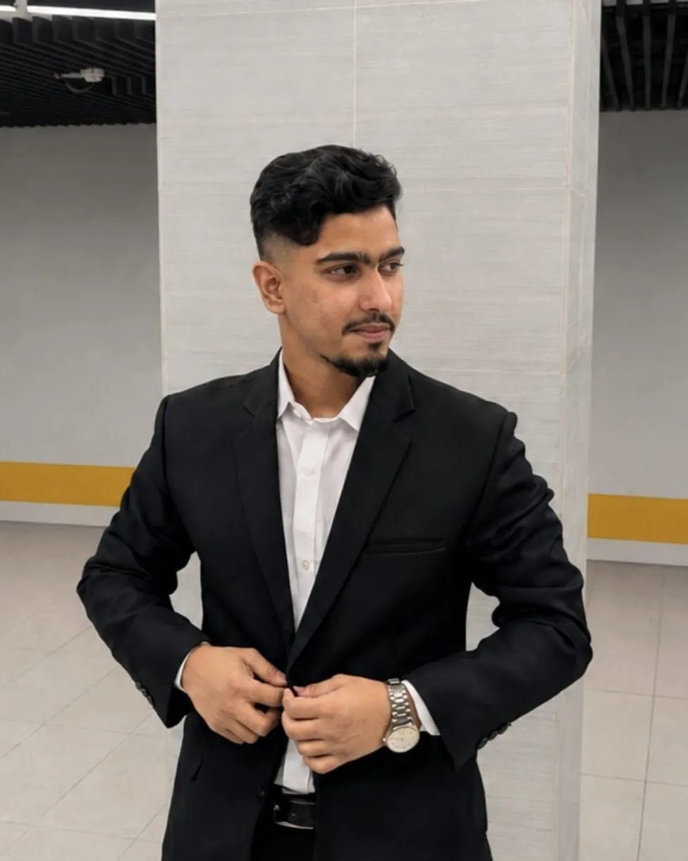 Md Adnan in a black suit, Dhaka