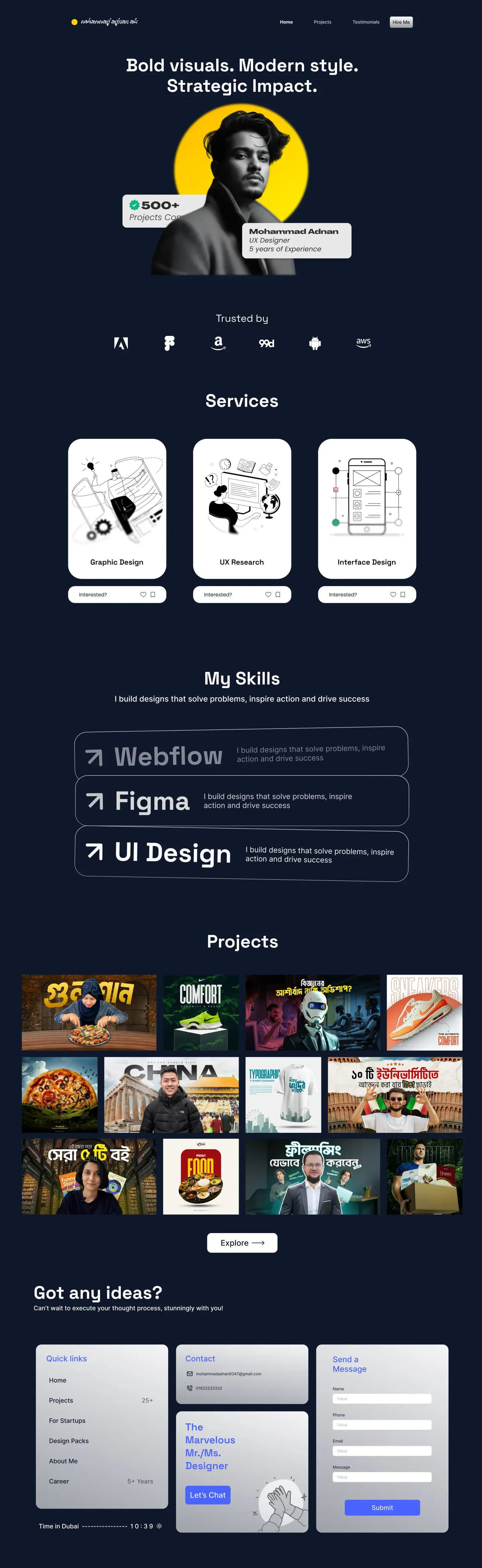Modern portfolio website home page, full length: hero, services, skills, projects and contact