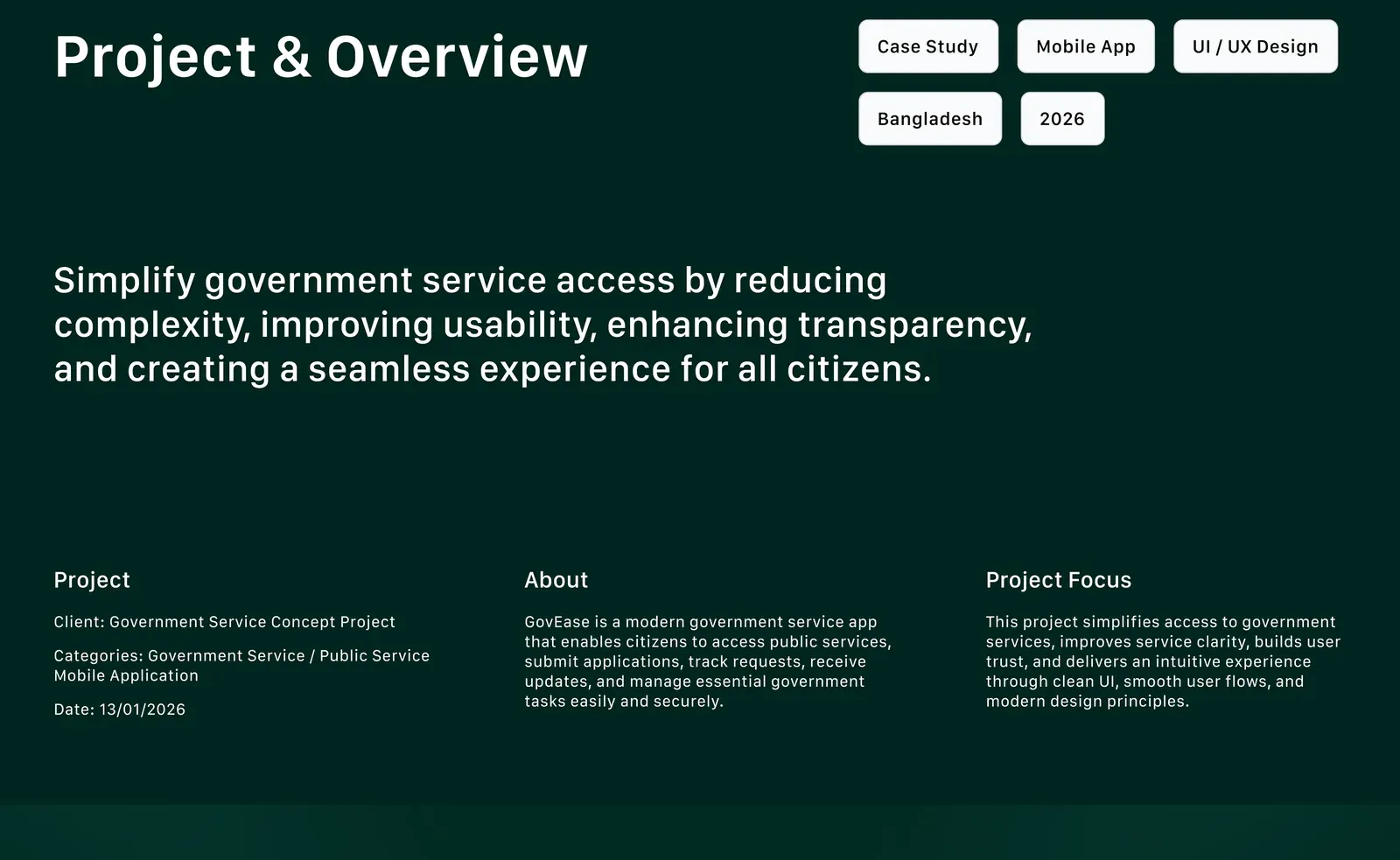 OneCitizen project overview board: client, categories and project focus