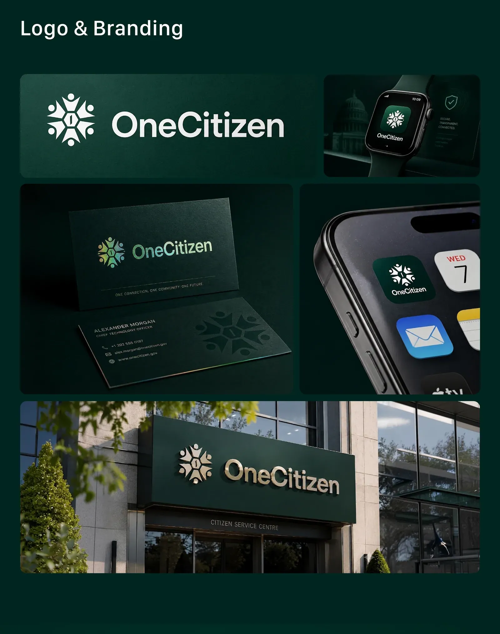OneCitizen logo and branding on a card, a phone and a building sign