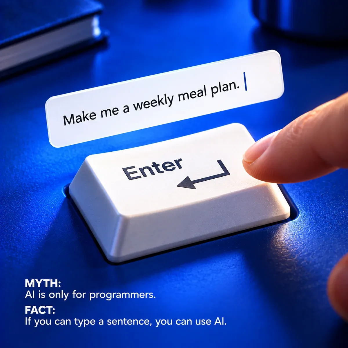 Social post: a giant Enter key with the prompt make me a weekly meal plan