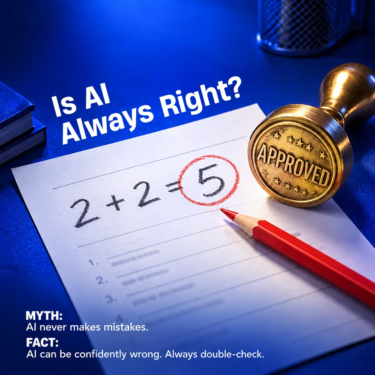 Social post: is AI always right? A test paper with 2 + 2 = 5 stamped approved